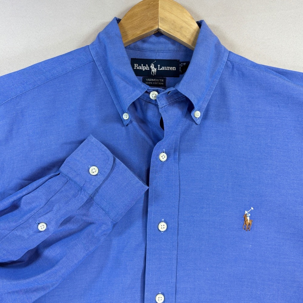 Ralph Lauren Yarmouth Shirt Mens 15-34 Blue Cotton Button Down Long Sleeve Pony